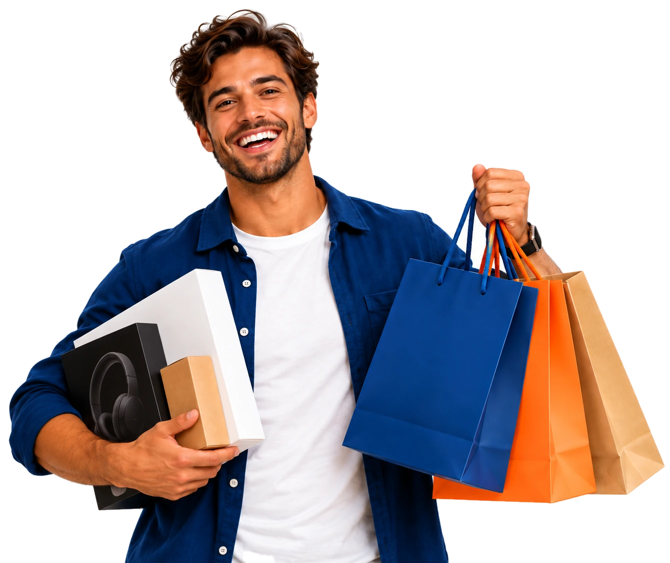 Happy YoMarkets shopper carrying products and shopping bags