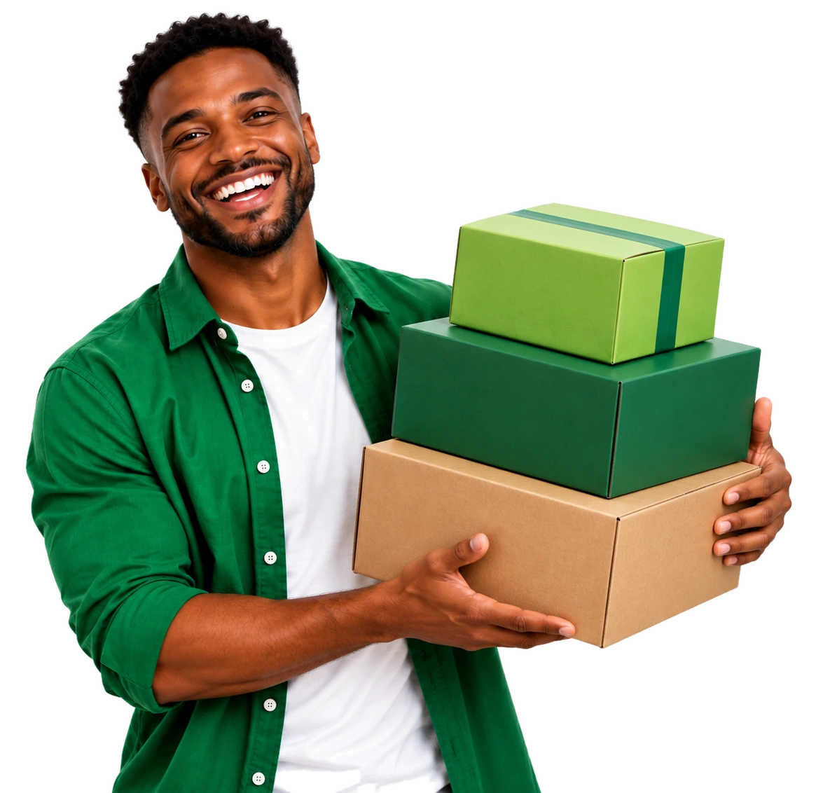 Happy YoMarkets seller holding packages ready to ship